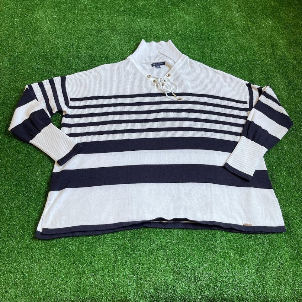 Tommy Hilfiger Striped 3/4 Sleeve V-Neck Knitted Nautical Sweatshirt Top Size XL